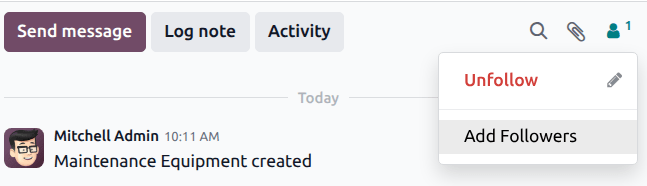 The followers list on an equipment record, with the add followers button highlighted.