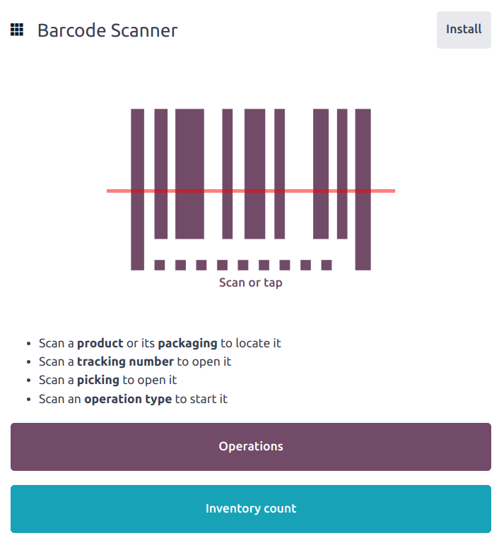 Barcode app start screen with scanner.
