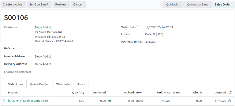 Cabinet with doors sales order that's been confirmed in the Odoo Sales application.