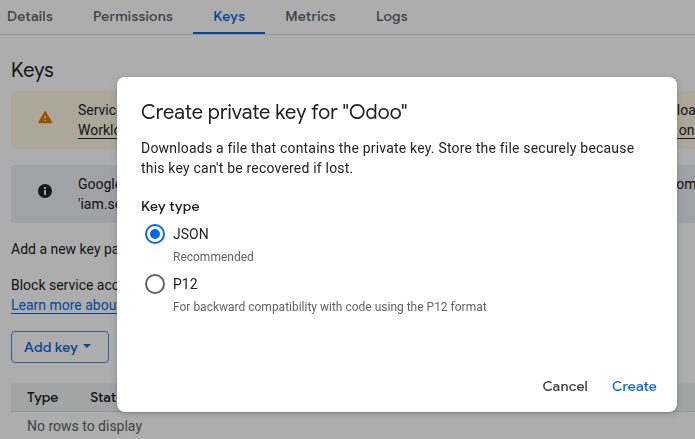 Creating a Google Cloud service account's JSON key