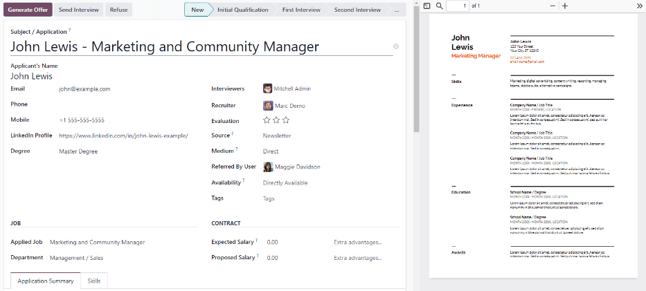 The résumé on an applicant's card, appearing on the right side.