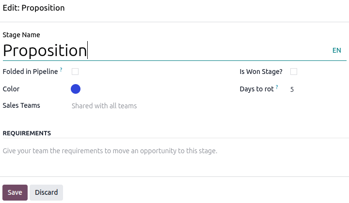 Sample of a configuration window with a rotting threshold in the CRM app.