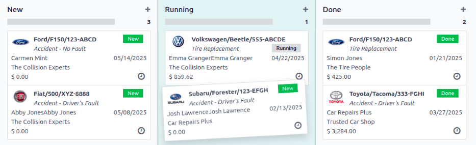 The Kanban view of stages, with a card being dragged and dropped to the Running stage.