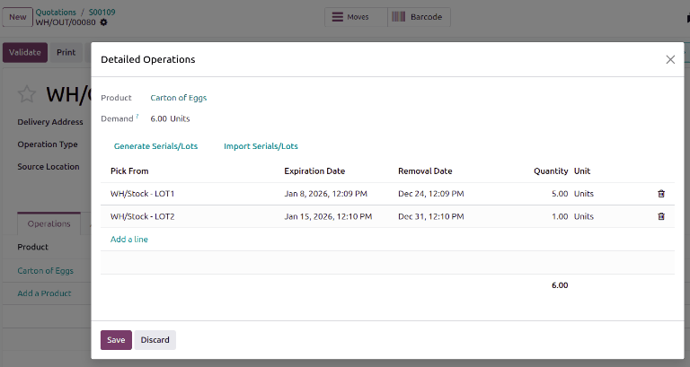 The detailed operations window that shows the lots to be removed using FEFO.