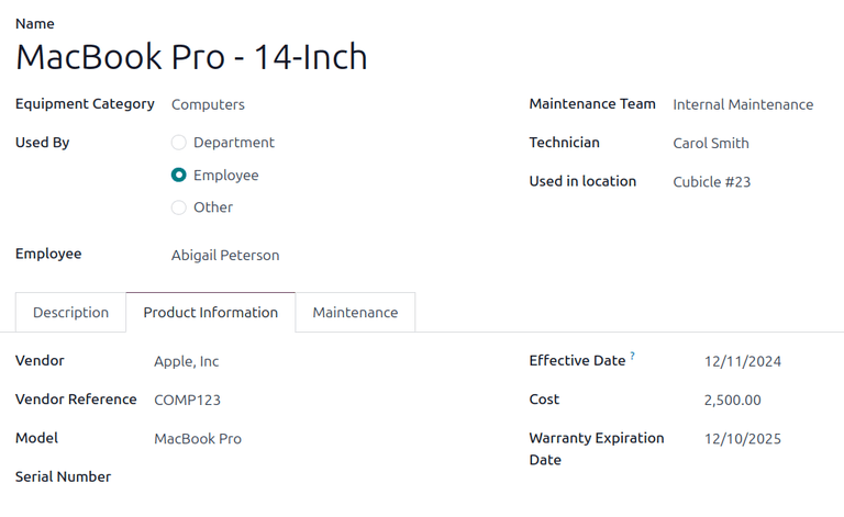 A duplicate equipment form with all the information filled out except the serial number.