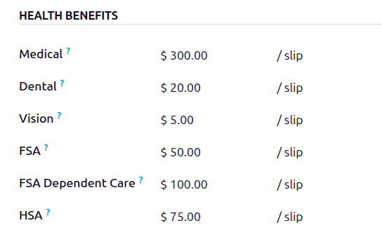 The health benefits section for an employee, filled out with payslip deductions.