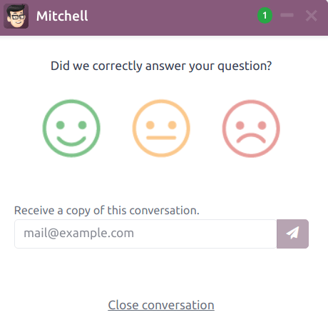 View of the chat window from a user's side for Odoo Live Chat.