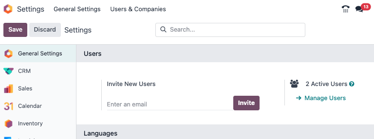 View of the settings page emphasizing the manage users field in Odoo.