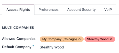 View of a user's form emphasizing the multi companies field in Odoo.