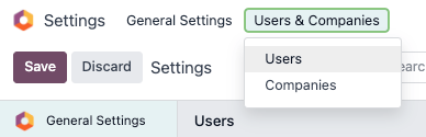 Users menu in the Users & Companies section of the Settings app of Odoo.