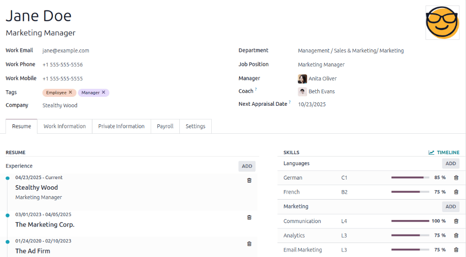 Create a new employee form with all fields filled out.