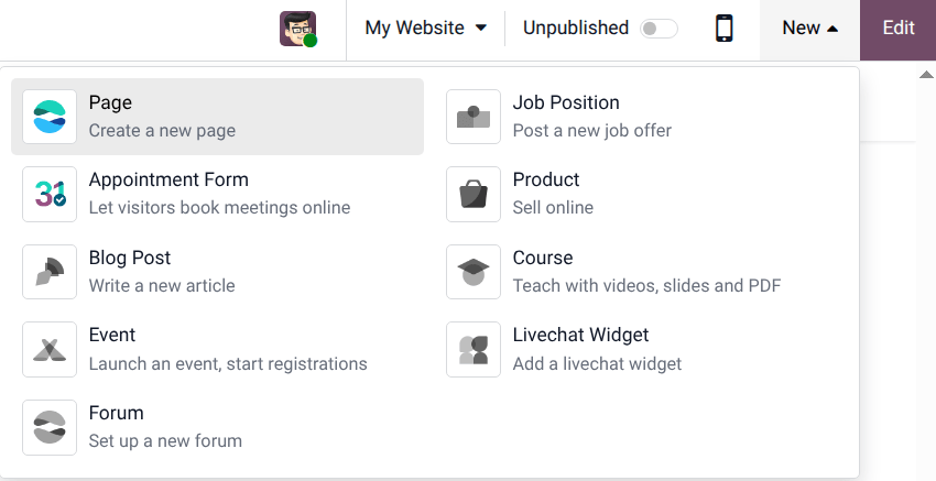Adding a new page to a website in Odoo.