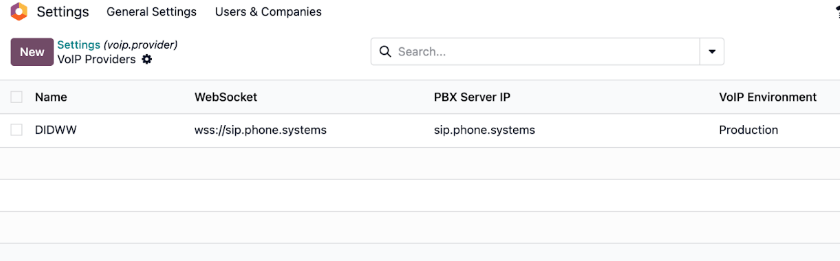 The VoIP providers page in Odoo.
