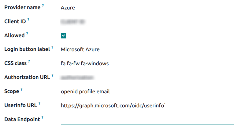 Odoo provider setup in the Settings application.