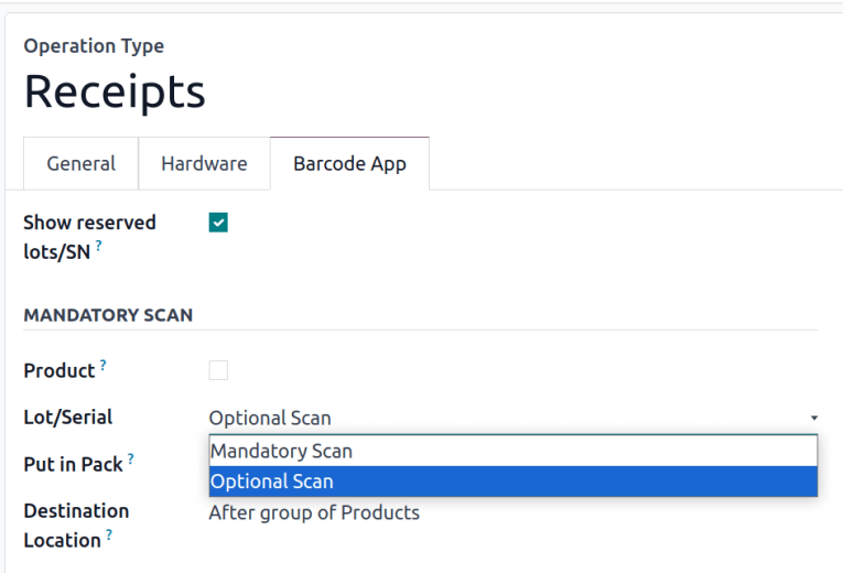 Selecting 'Optional Scan' in the Receipts operation type.