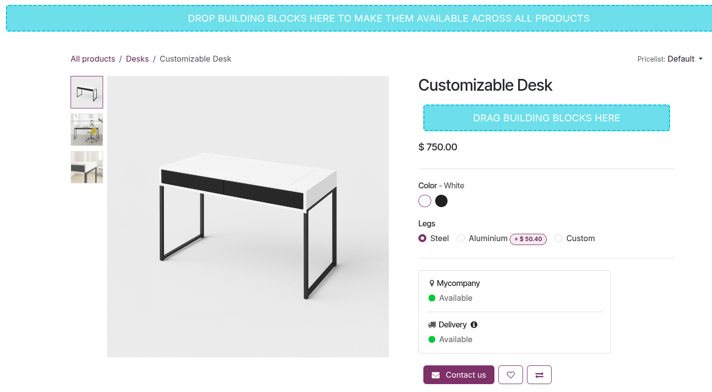 Drag and drop building blocks on the product page.