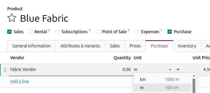 Specify a purchase unit of measure in the "Purchase" tab.