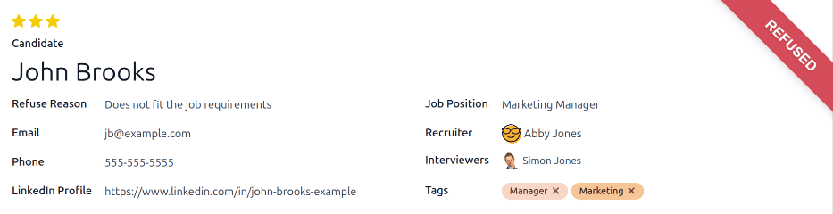 An applicant's card with the refused banner appearing in the top-right corner in red.