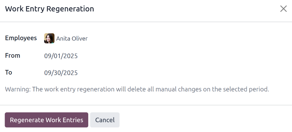 Regenerate a work entry for a particular employee.