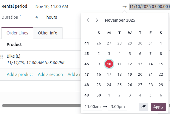 Sample of a rental period calendar pop-up window in the Odoo Rental application.