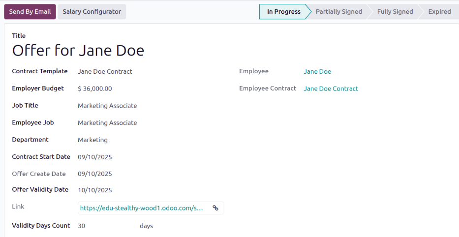 Send the contract to the employee via one of the buttons.