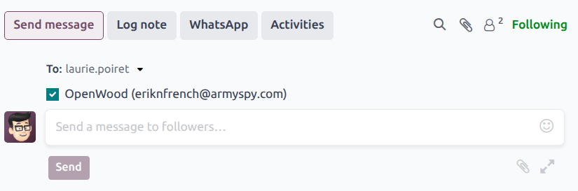 A chatter composer preparing to send a message to the followers of a CRM opportunity and the customer listed on the opportunity record.