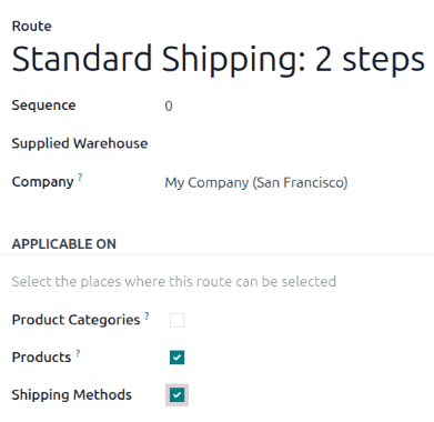 Routes form with the Shipping Methods checkbox selected.