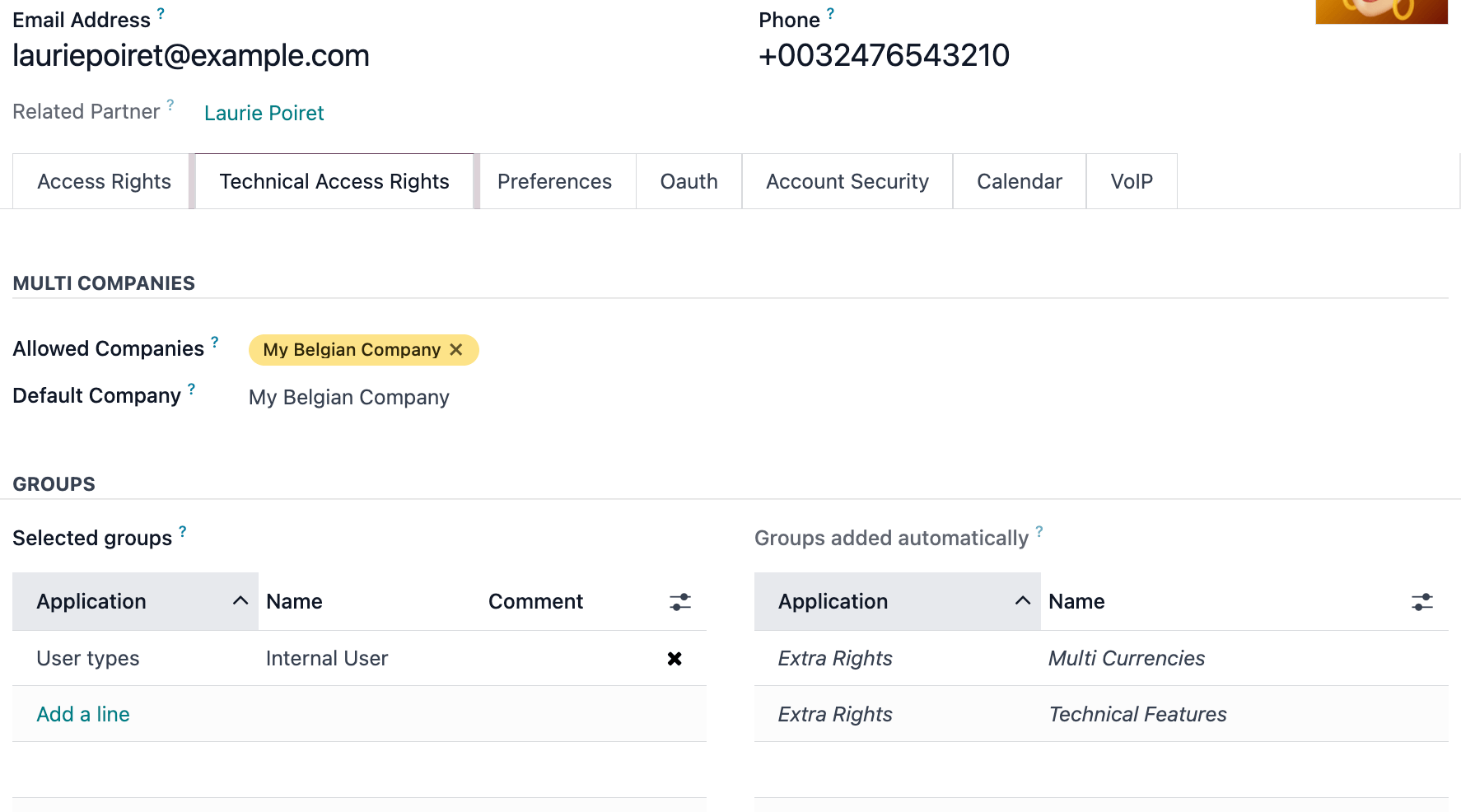 The technical access rights tab opened up for a user profile.