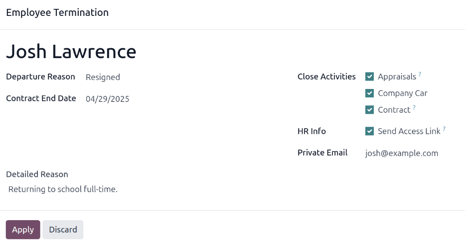 The employee termination form with all fields filled out.